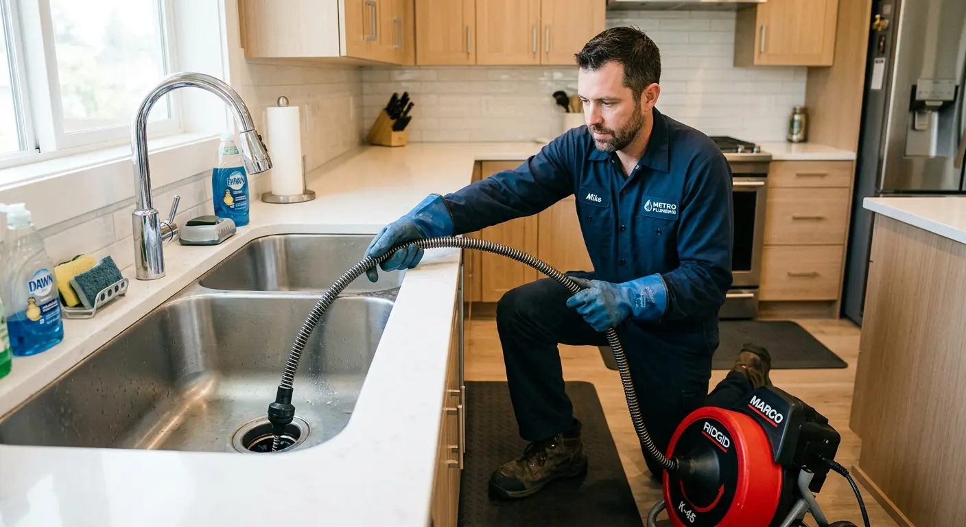 Drain cleaning technician using a motorized snake on a kitchen sink in Westport