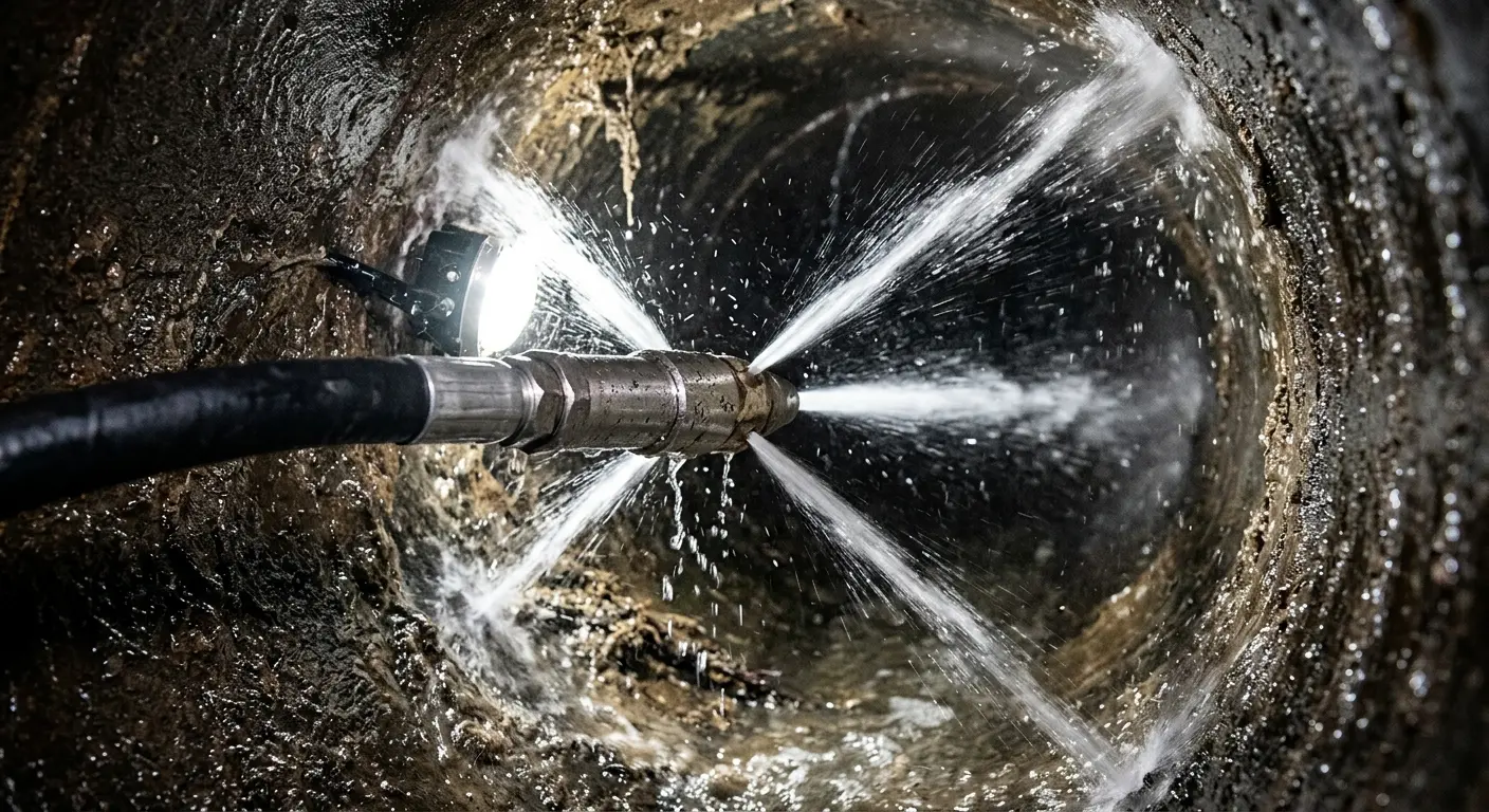 High-pressure hydro jetting nozzle cleaning sewer pipe for Sewer Cleanout in Westport